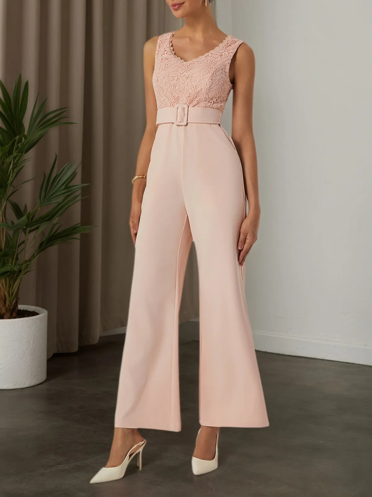 Women Pink Lace V-Neck Sleeveless Ankle Length Dressy Jumpsuit - View 3 | FashionDia