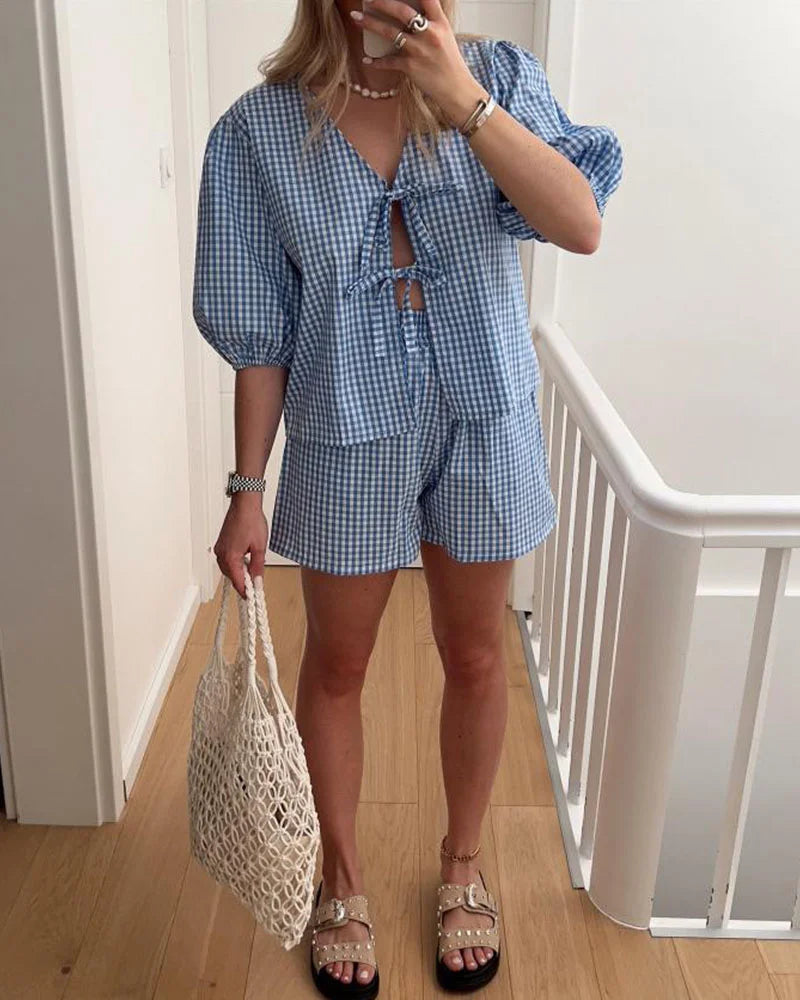 Women's lace-up plaid casual two-piece set - Fashionpara