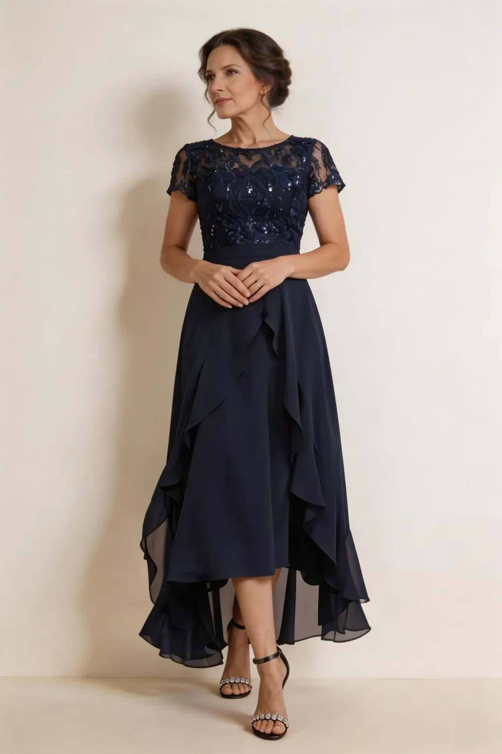 Navy Blue Lace Sequin Bodice Chiffon High Low Mother of the Bride Dress (ZD17161)