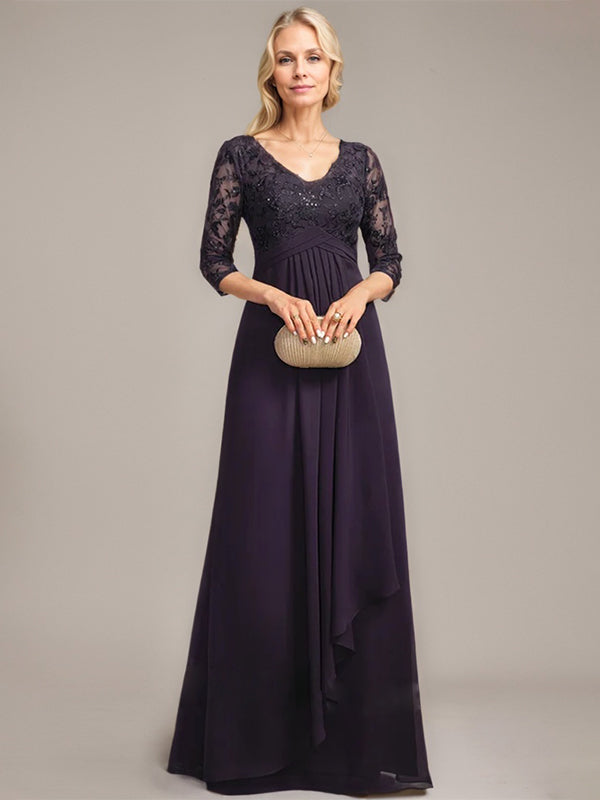 A-line V-Neck Floor-Length Lace Chiffon Mother of the Bride Dress With Cascading Ruffles Sequins - View 3 | FashionDia