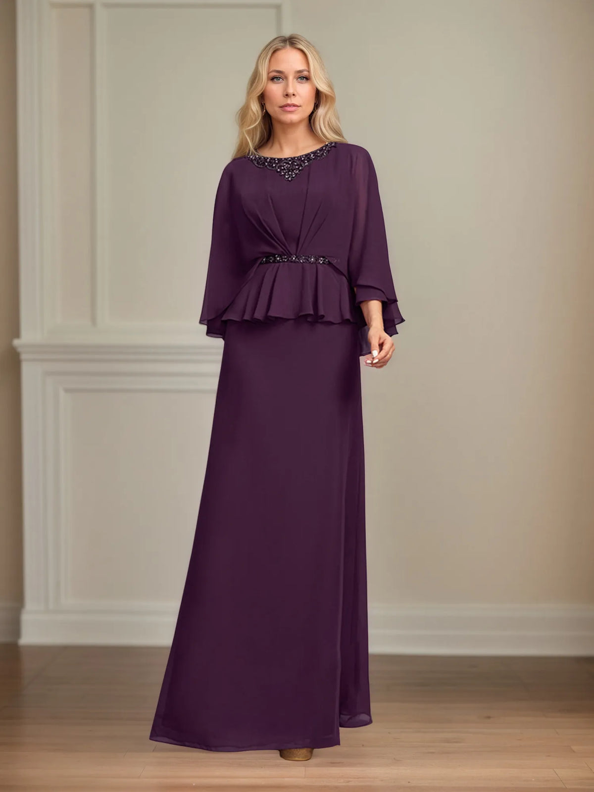 A-line Scoop Floor-Length Chiffon Mother of the Bride Dress With Pleated Sequins Beading - View 4 | FashionDia