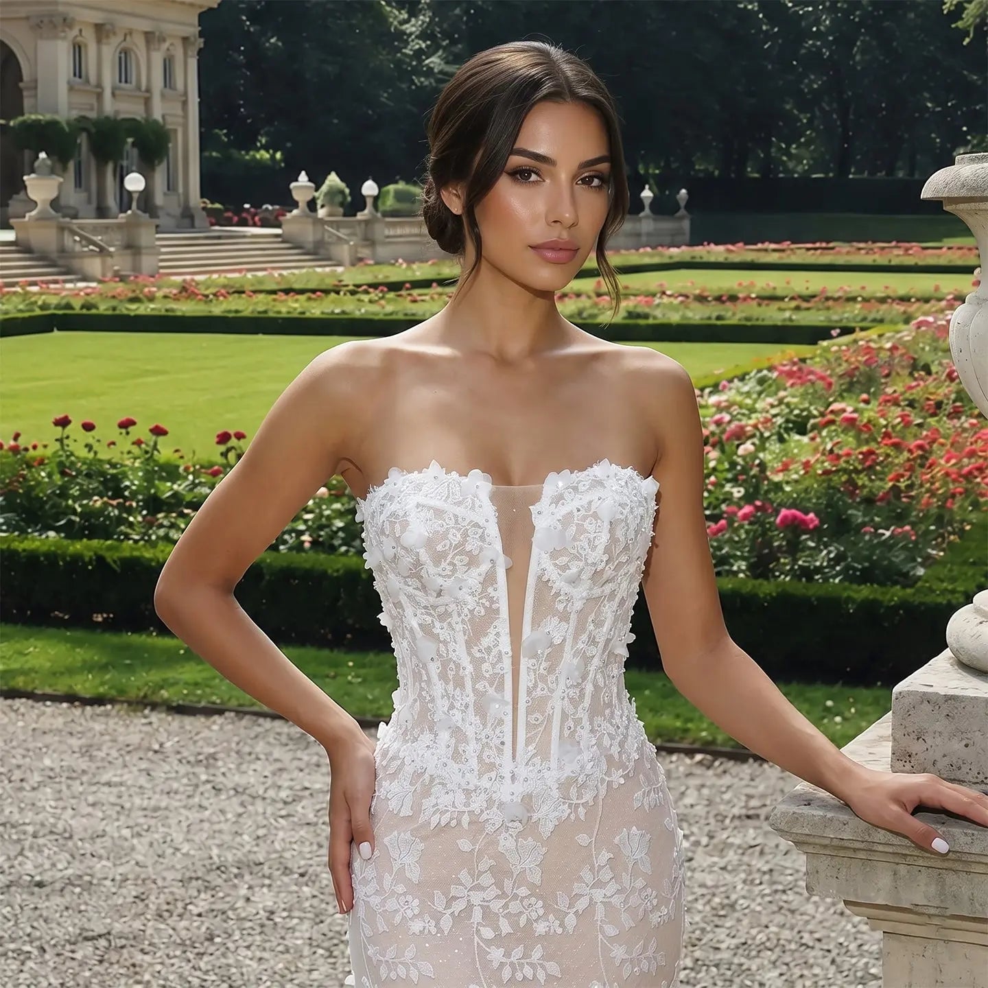 White Nude Lace Fairytale Mermaid Wedding Dress 3D Floral Train ZP037