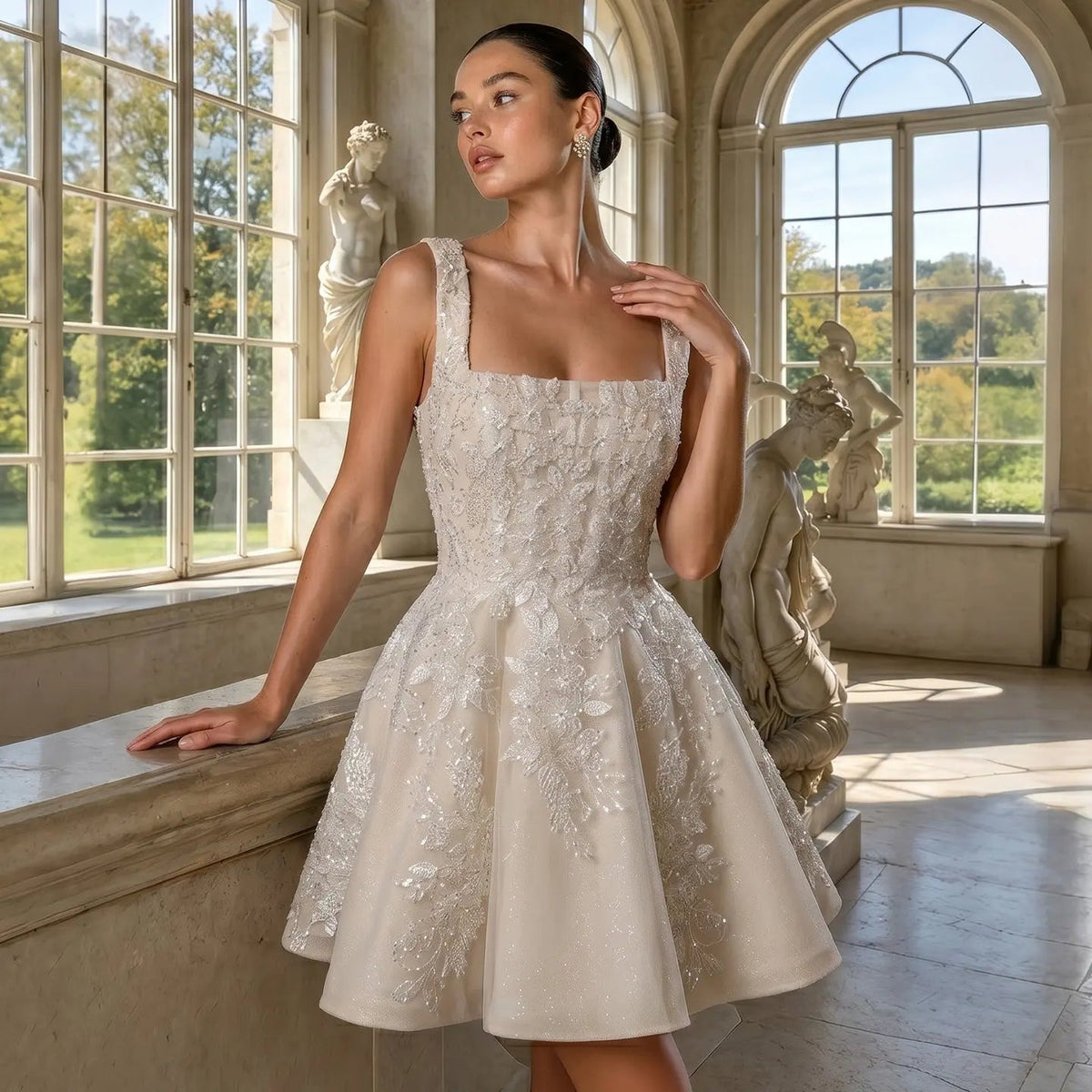 Romantic Champagne Sleeveless A-Line Short Wedding Dress with Deep V Back ZP046