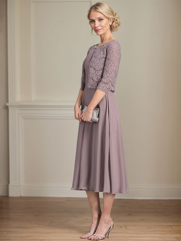 A-line Scoop Tea-Length Chiffon Mother of the Bride Dress With Pleated - View 4 | FashionDia