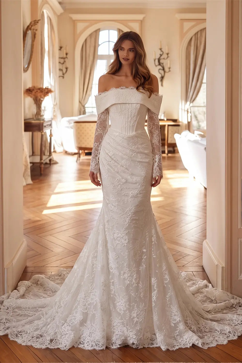 White Long Sleeve Corset Mermaid Bridal Gown with Cathedral Train ZP209