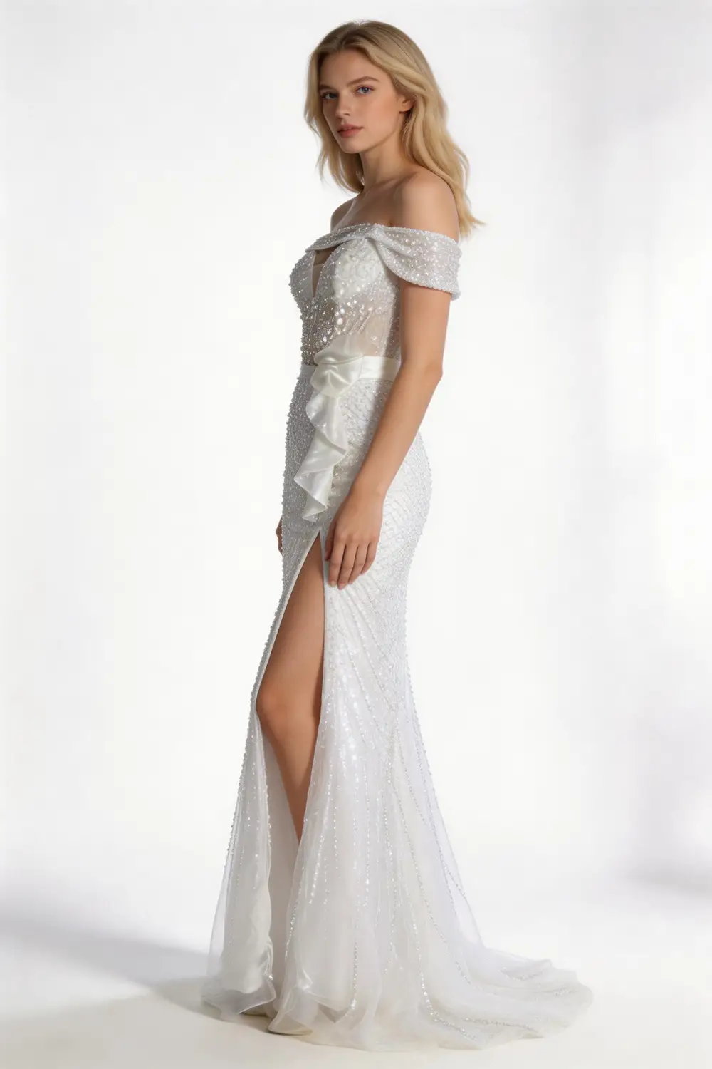 Off Shoulder Sequin Mermaid Evening Gown With High Slit And Ruffle (ZD17167)