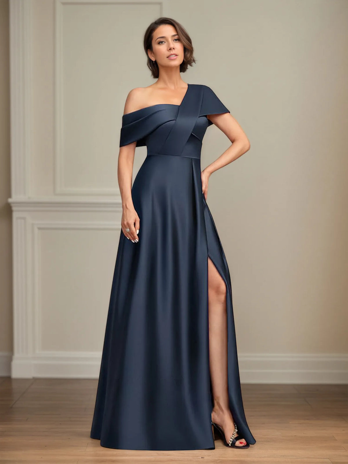 A-Line Asymmetrical Floor-Length Satin Mother of the Bride Dress With Pleated - View 5 | FashionDia