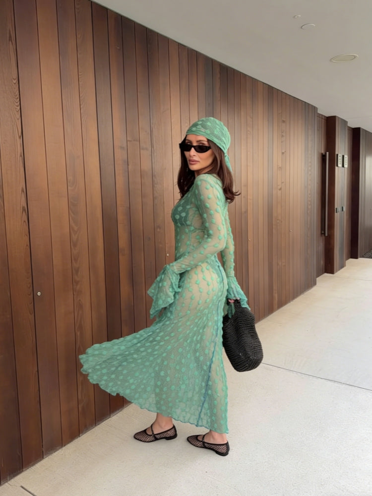 Green Sheer Dot Maxi Dress