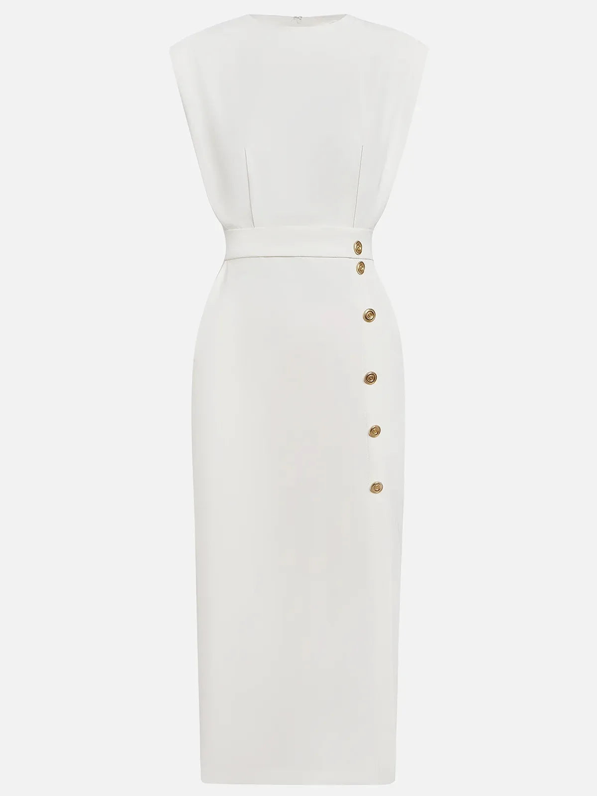 Off White Button Slit Crew Neck Sheath Midi Dress - View 4 | FashionDia