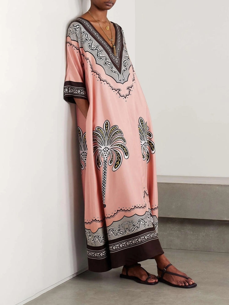 Vacation-Style V-Neck Satin Printed Dress