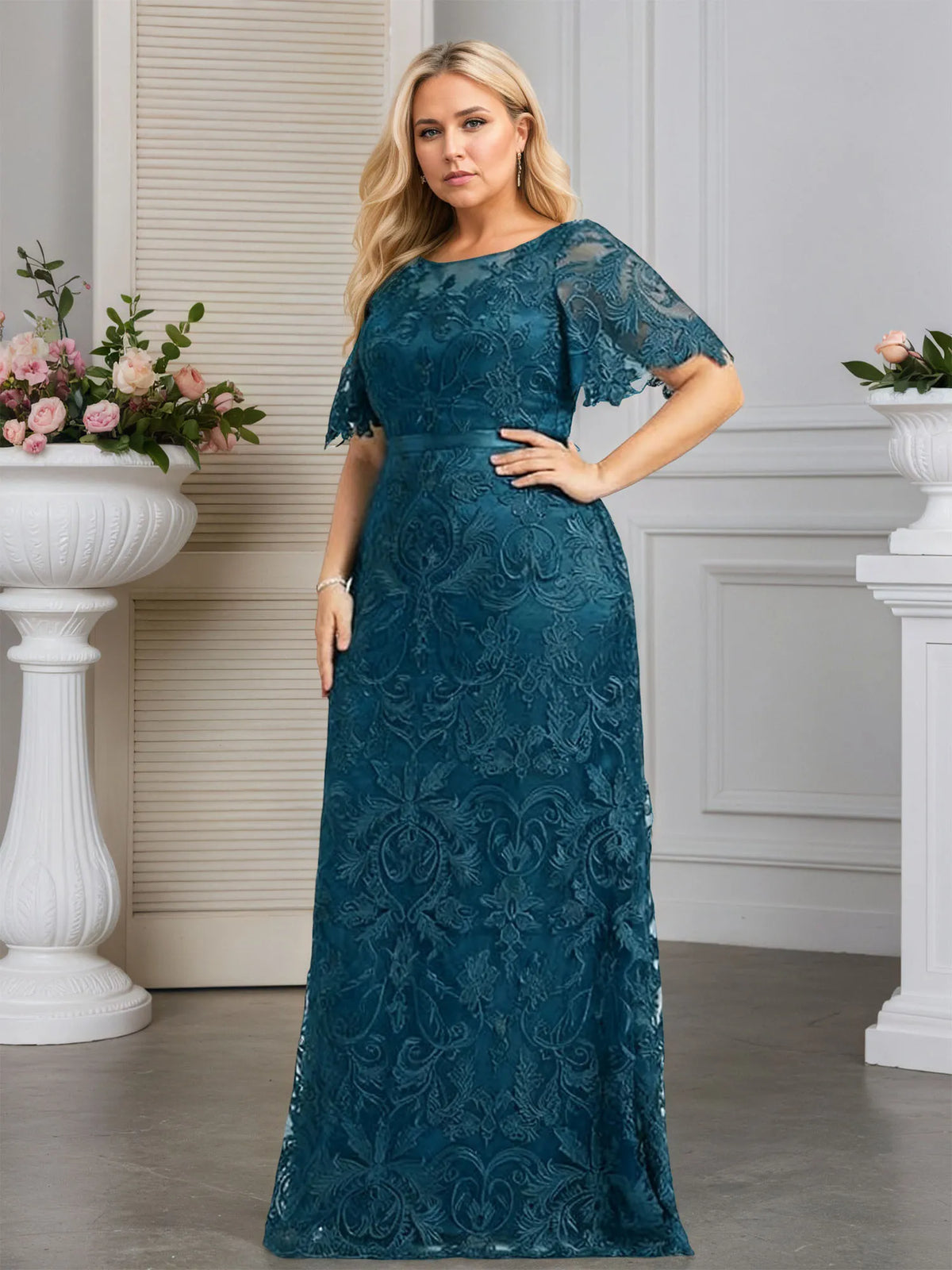 A-line Scoop Neck Floor-Length Lace Evening Dress With Appliques - View 11 | FashionDia