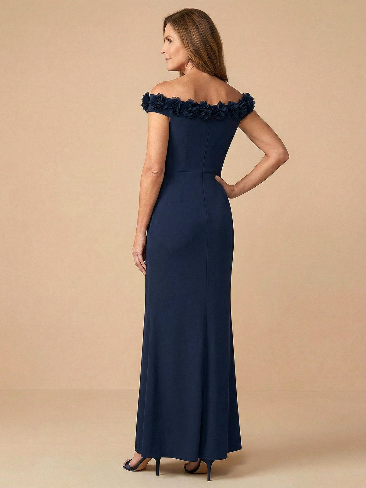 Off-the-Shoulder 3D Flower Mermaid Satin Mother of the Bride Dress with Ruffle - View 4 | FashionDia