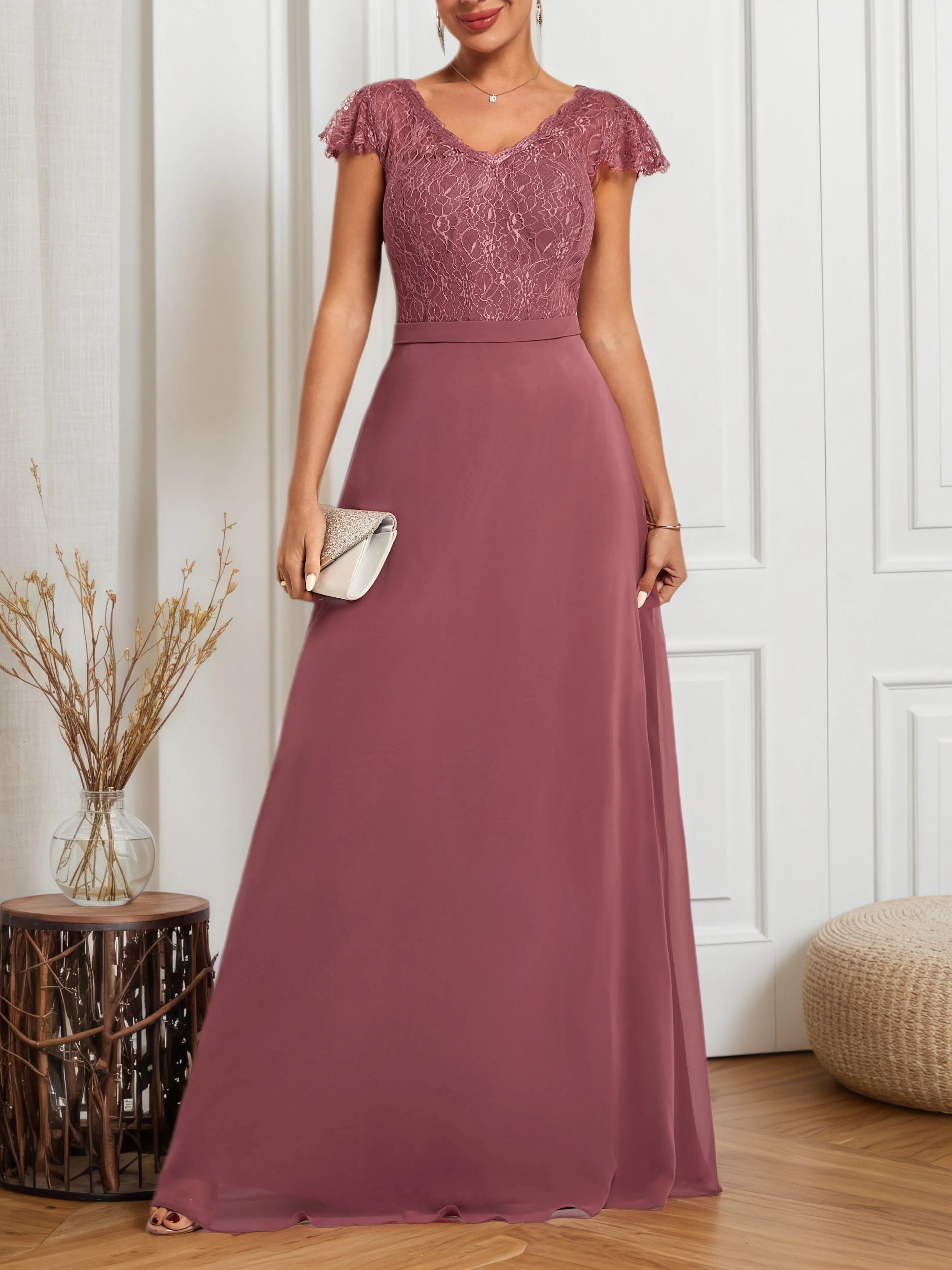 Watermelon Red Lace V Neck Short Sleeve A-Line Maxi Dress