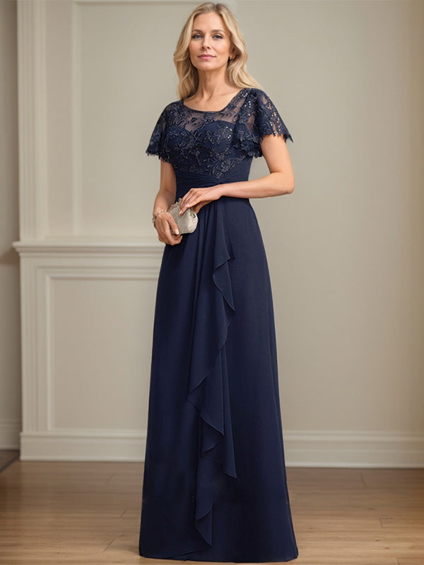 A-line Asymmetrical Illusion Floor-Length Lace Chiffon Mother of the Bride Dress With Cascading Ruffles Sequins - FashionDia