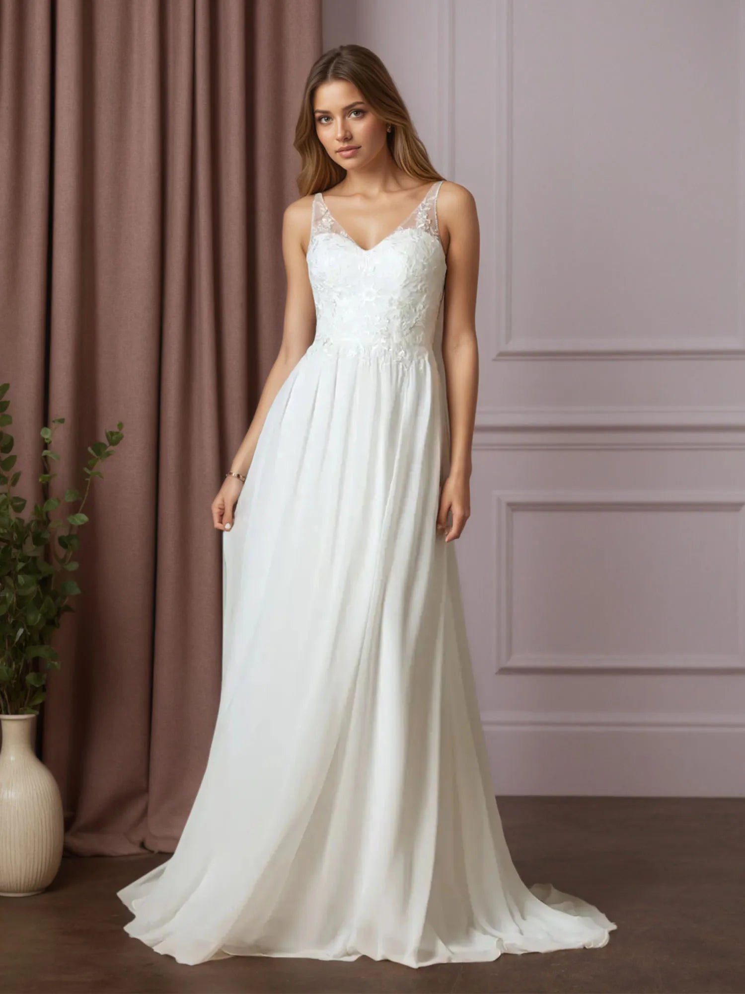 White A-Line Sequins Chiffon Wedding Dress - View 3 | FashionDia