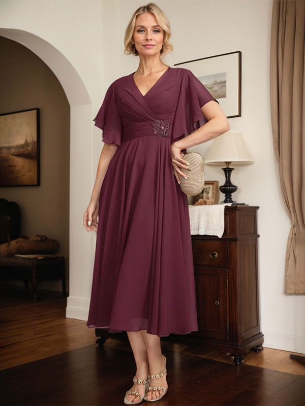 A-line V-Neck Tea-Length Chiffon Mother of the Bride Dress With Pleated Beading - FashionDia