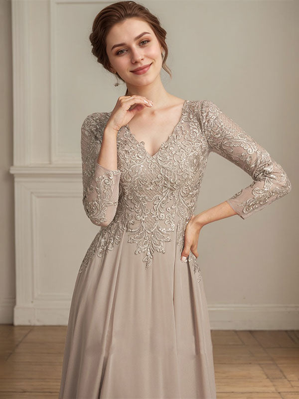 A-line V-Neck Floor-Length Lace Chiffon Mother of the Bride Dress With Sequins - View 4 | FashionDia