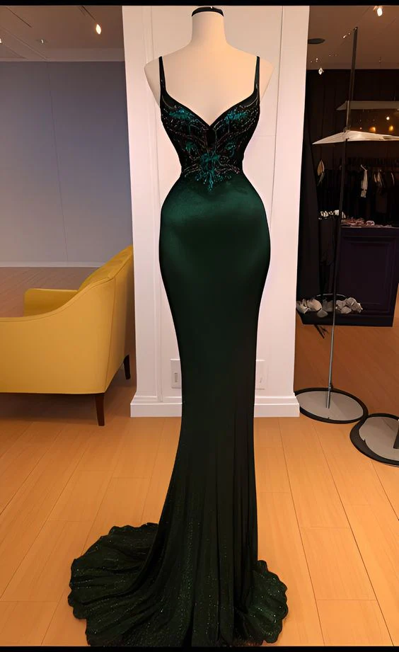Vintage Dark Green Satin Mermaid Beaded Prom Evening Dress Long Party Dress - FashionDia