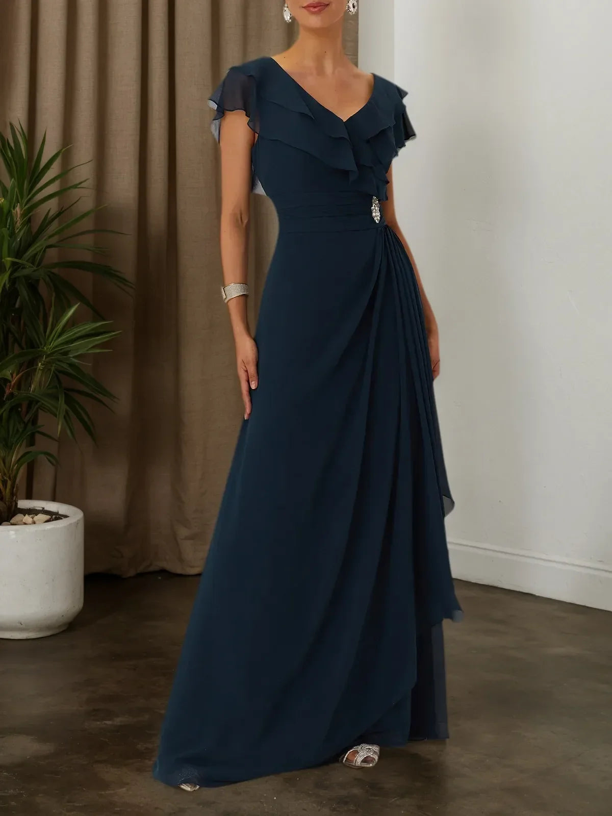 Purplish blue Ruffled Rhinestones Chiffon V-Neck Short Sleeve A-Line Maxi Mother of the Bride or Groom Dress - View 3 | FashionDia