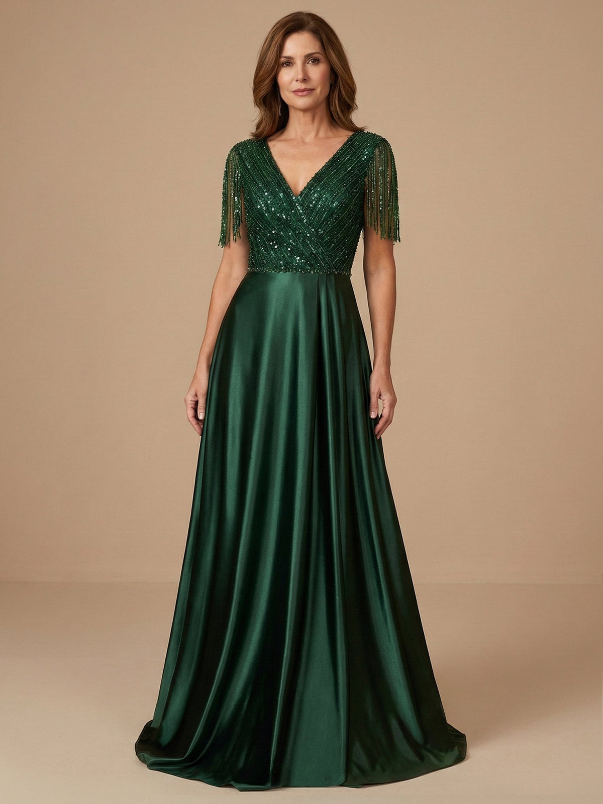 Tassel V-Neck A-Line Sparky Sequins Mother of the Brides Dresses - View 2 | FashionDia