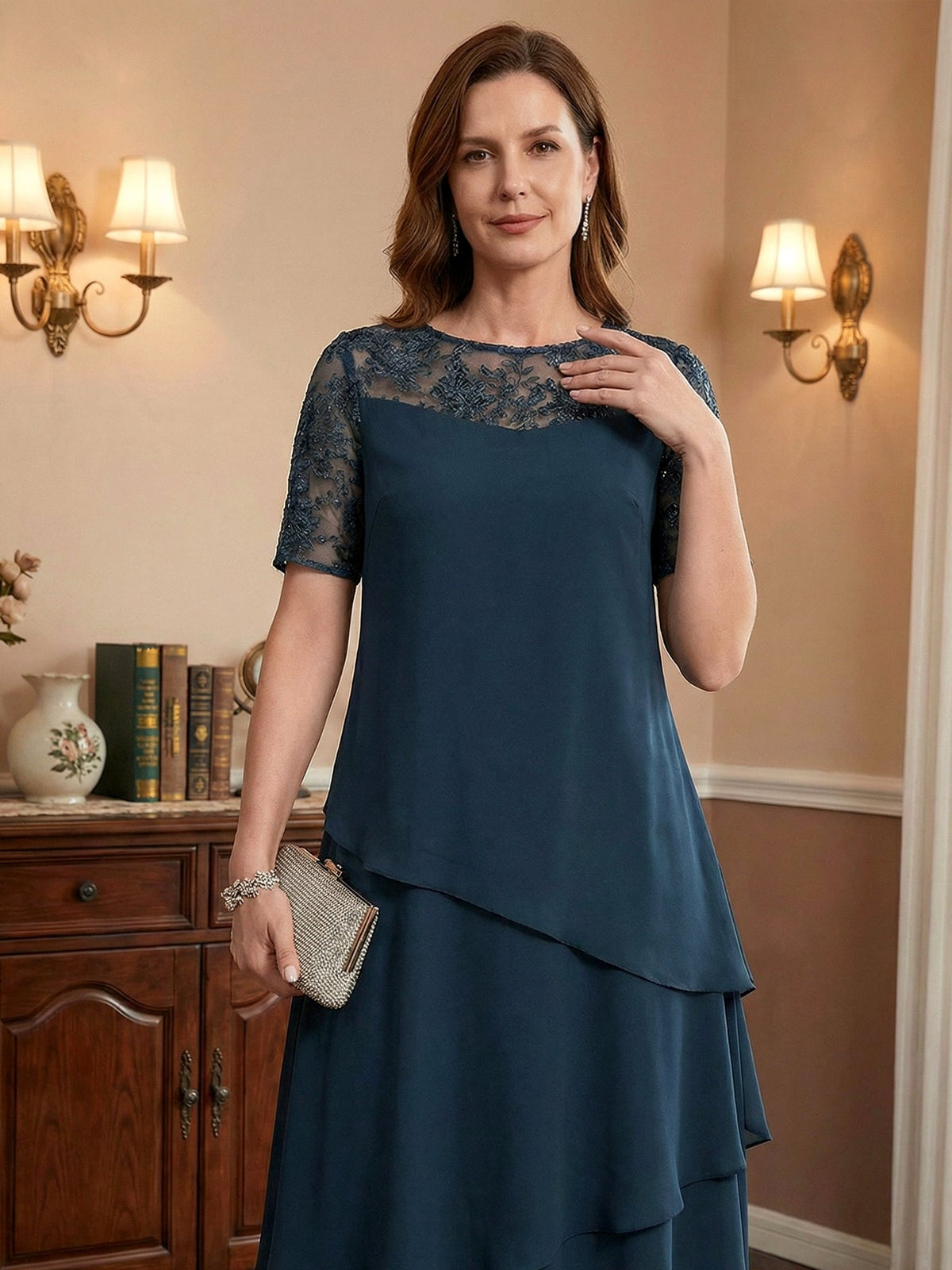 A-line Scoop Illusion Knee-Length Lace Chiffon Mother of the Bride Dress With Sequins - View 4 | FashionDia