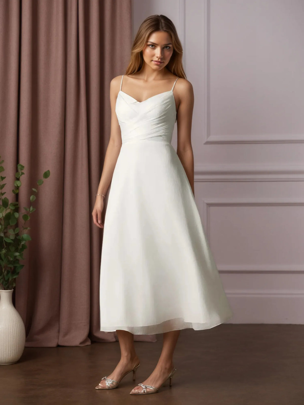 White A-Line V-Neck Pleated Crinkle Chiffon Wedding Dress - View 3 | FashionDia