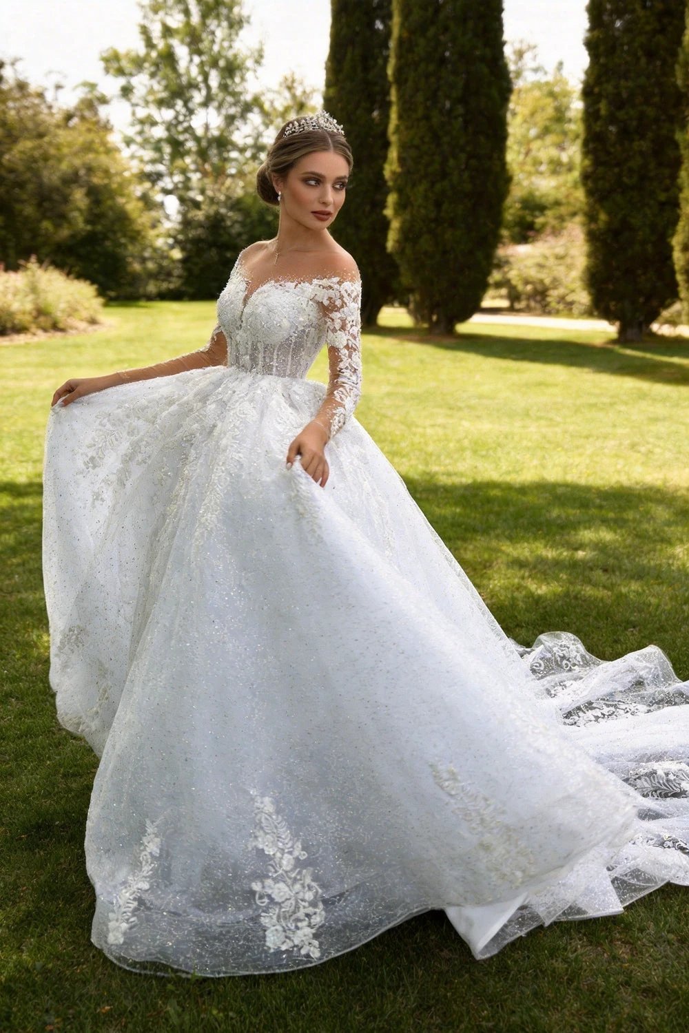 2025 Luxury Muslim Wedding Dress Women's Elegant Long Sleeve Lace Applique A-line Dress Beach Wedding Princess Party O-Neck Brid (ZD14197)