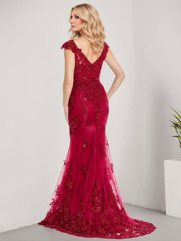 A-line V-Neck Floor-Length Lace Chiffon Mother of the Bride Dress With Applique Sequins Mermaid Dresses - View 3 | FashionDia