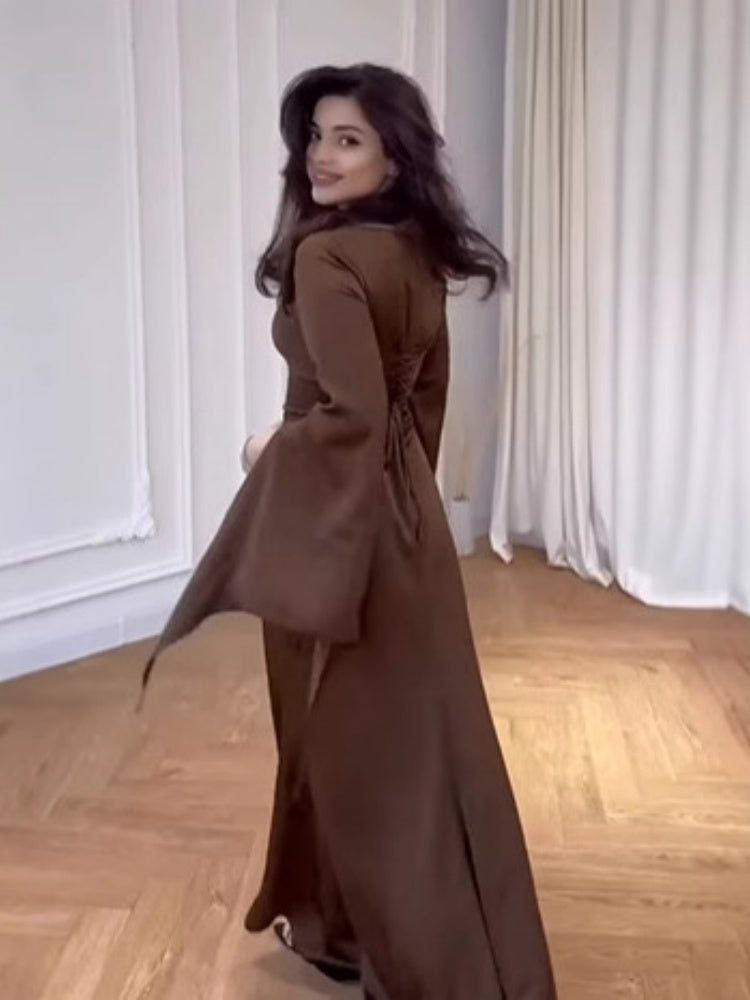 Brown Batwing Sleeve Robe Dress
