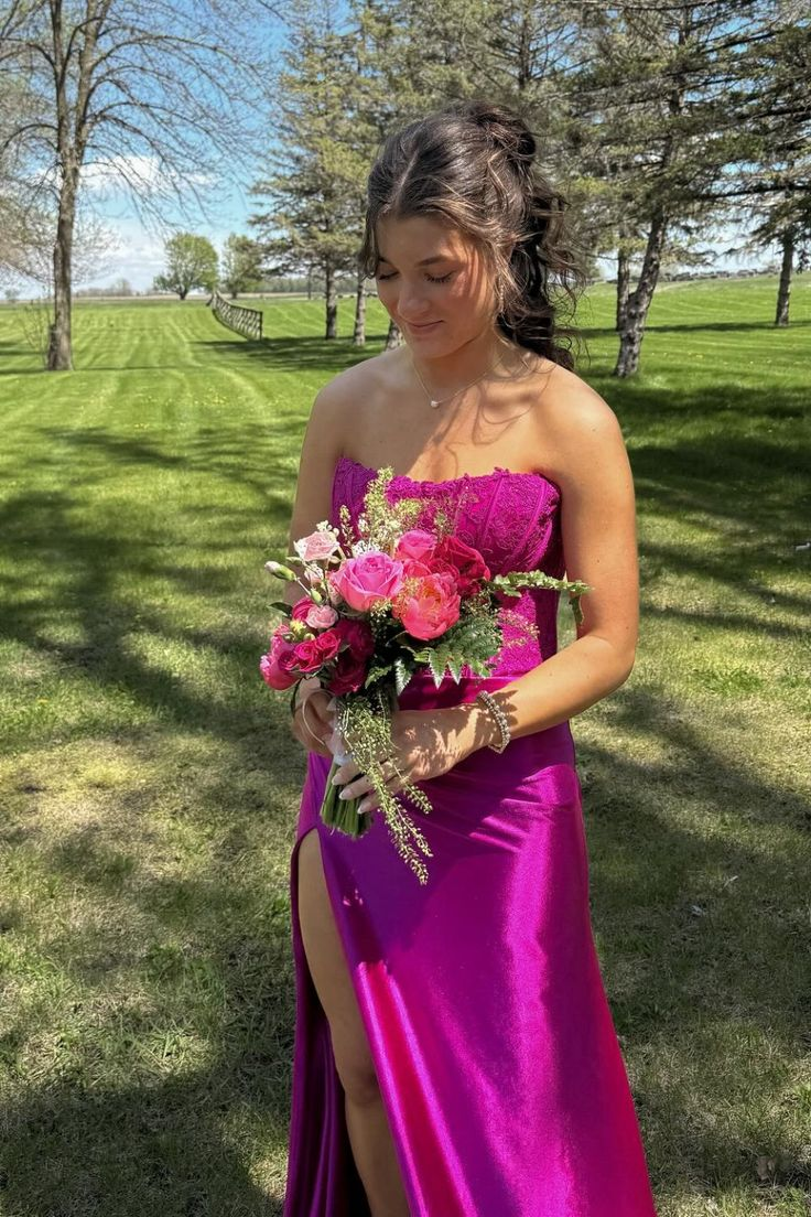 Elegant Strapless Fuchsia Lace Satin Mermaid Party Dress Slit Prom Dress - FashionDia