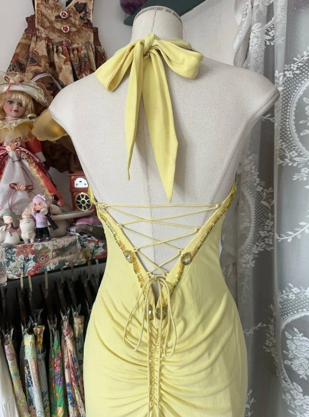 Elegant Yellow Halter Satin Beaded Sequins Evening Dress,Long Mermaid Party Prom Dress - View 6 | FashionDia