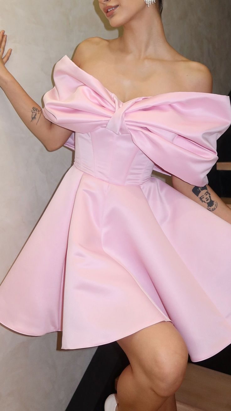 Cute Pink Bow Off The Shoulder A Line Satin Short 20th Birthday Outfits Formal Homecoming Dress