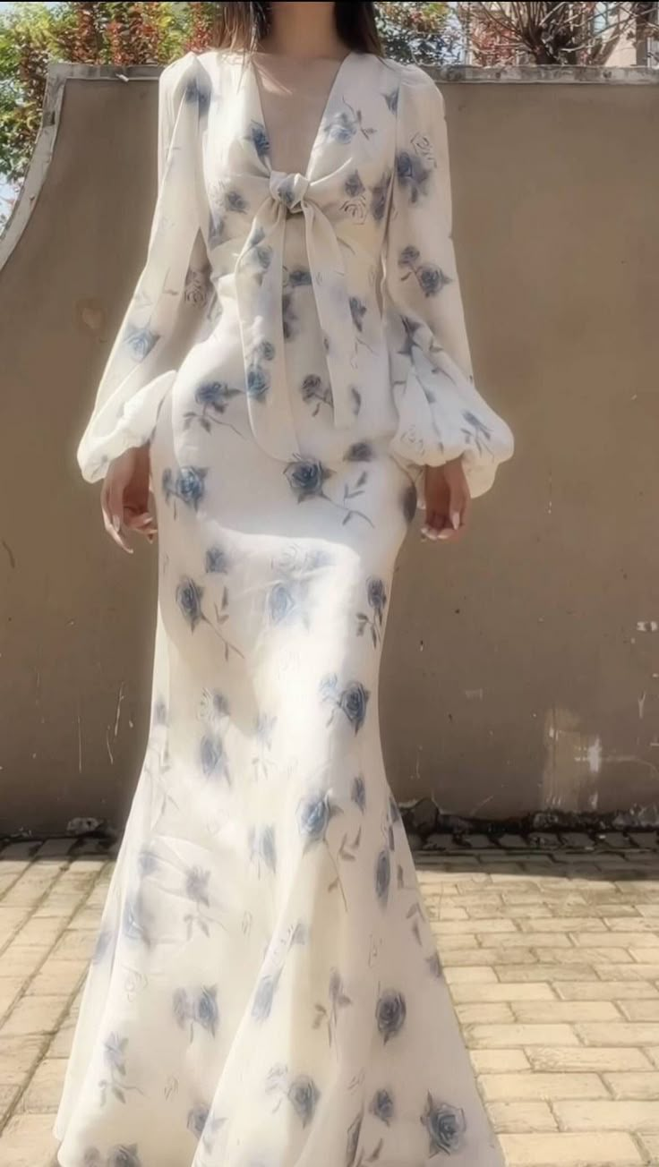 Classy Ice Blue Chiffon Rose Print Floral Prom Party Dress,Long Mermaid Evening Dress - View 2 | FashionDia