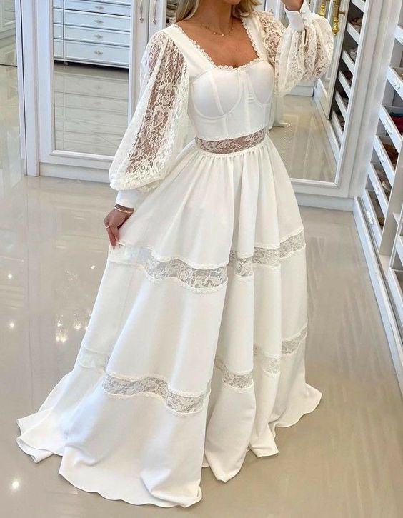 Chic White Long Sleeves Evening Dress,White Evening Gown - FashionDia