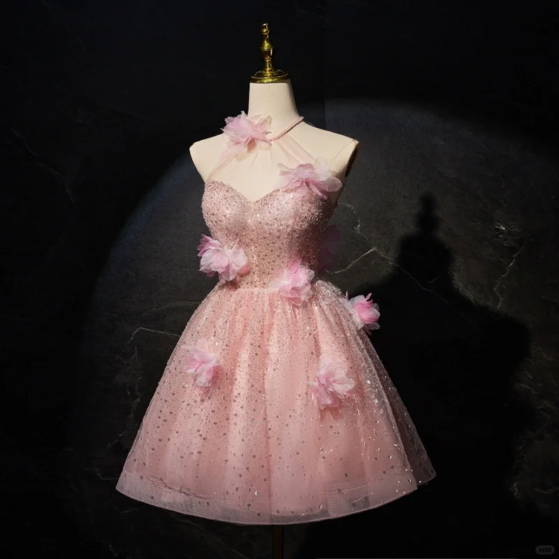 Shiny Halter Pink Tulle Sequin Flowers Short Homecoming Dress A-Line 20th Birthday Outfits - FashionDia