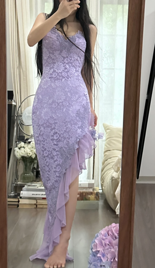 Pretty Spaghetti Straps Lavender V-Neck Lace Chiffon Ruffles Long Party Dress Birthday Dress - FashionDia