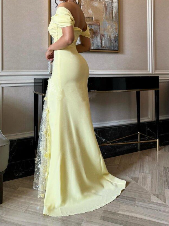 Off-the-Shoulder Yellow Slit Beaded Long Prom Dress Formal Evening Dress - View 3 | FashionDia