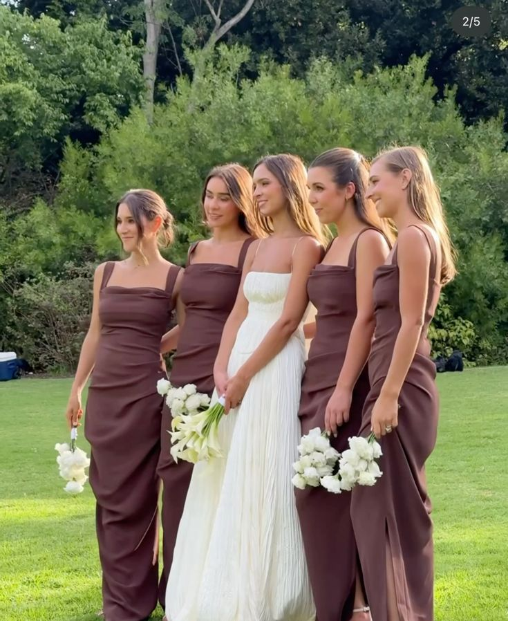 Classy Square Neck Brown Satin Pleated Long Prom Dress Bridesmaid Dress