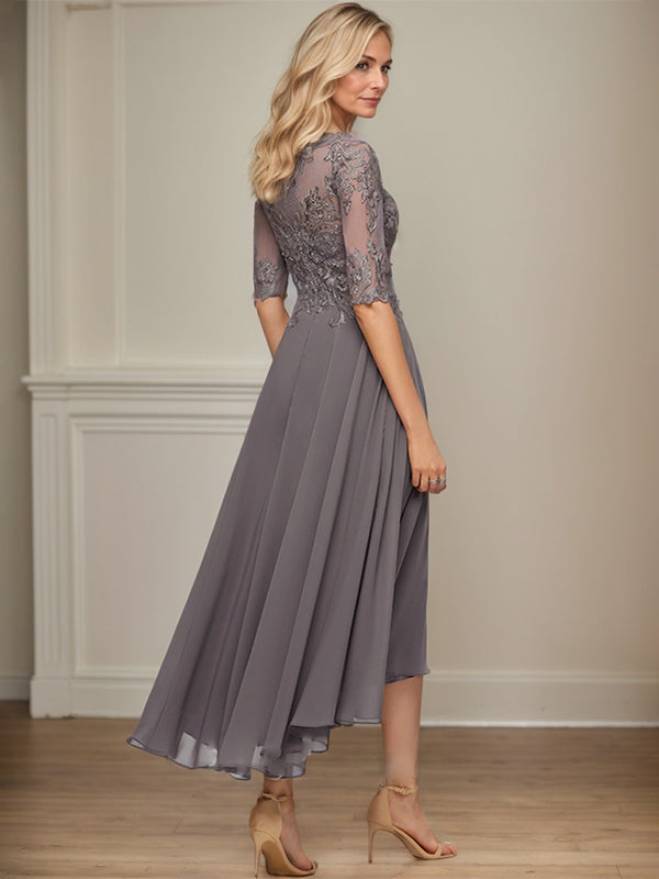 A-line Boat Neck Illusion Asymmetrical Chiffon Lace Mother of the Bride Dress With Sequins Beading