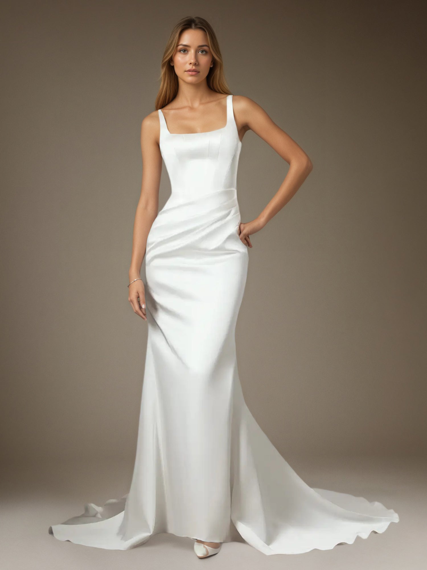 White Mermaid Square Neckline Double Faced Satin Wedding Dress