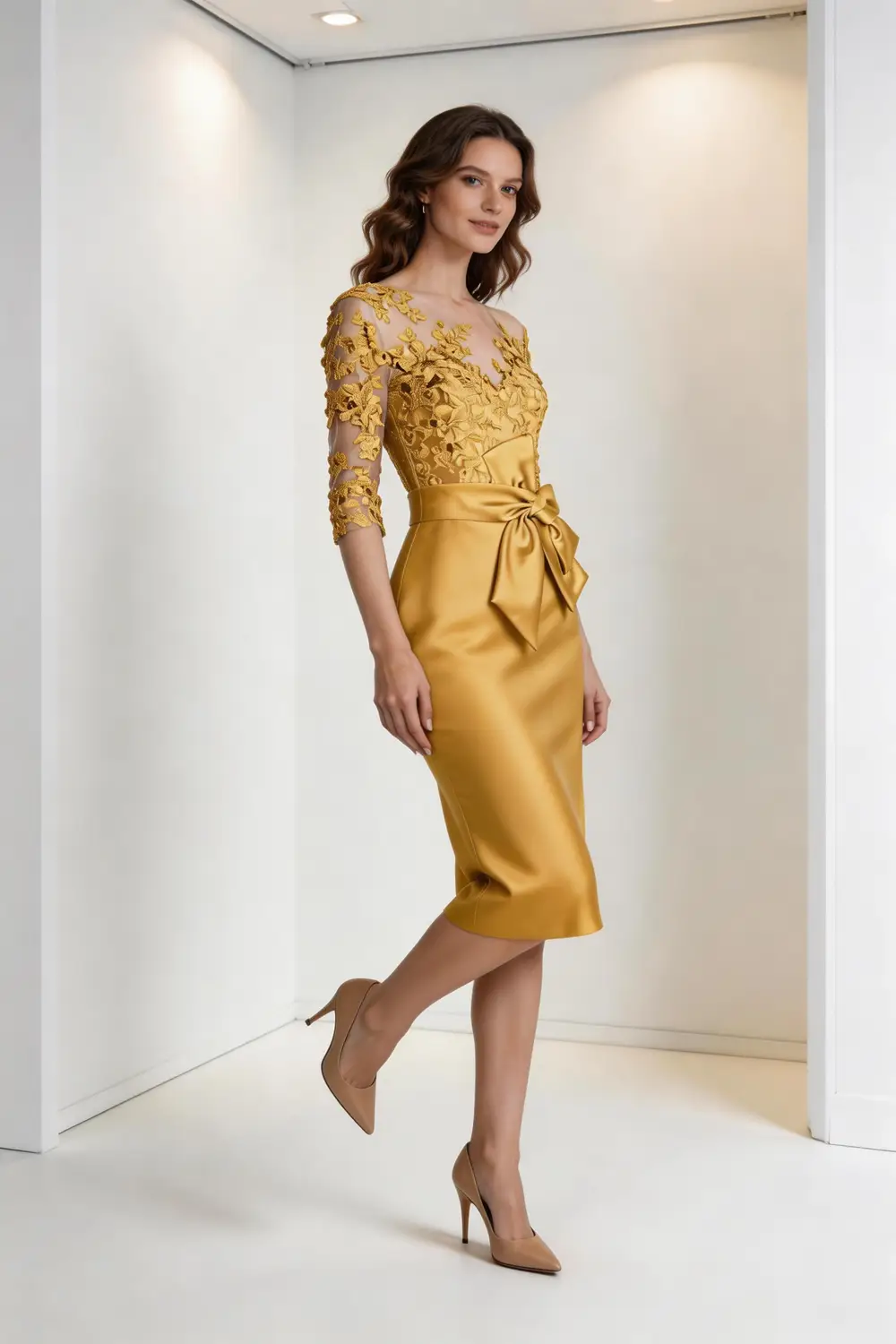 Gold Lace Illusion Neck Satin Sheath Dress With Bow Waist (ZD17151) - View 4 | VelvetHem
