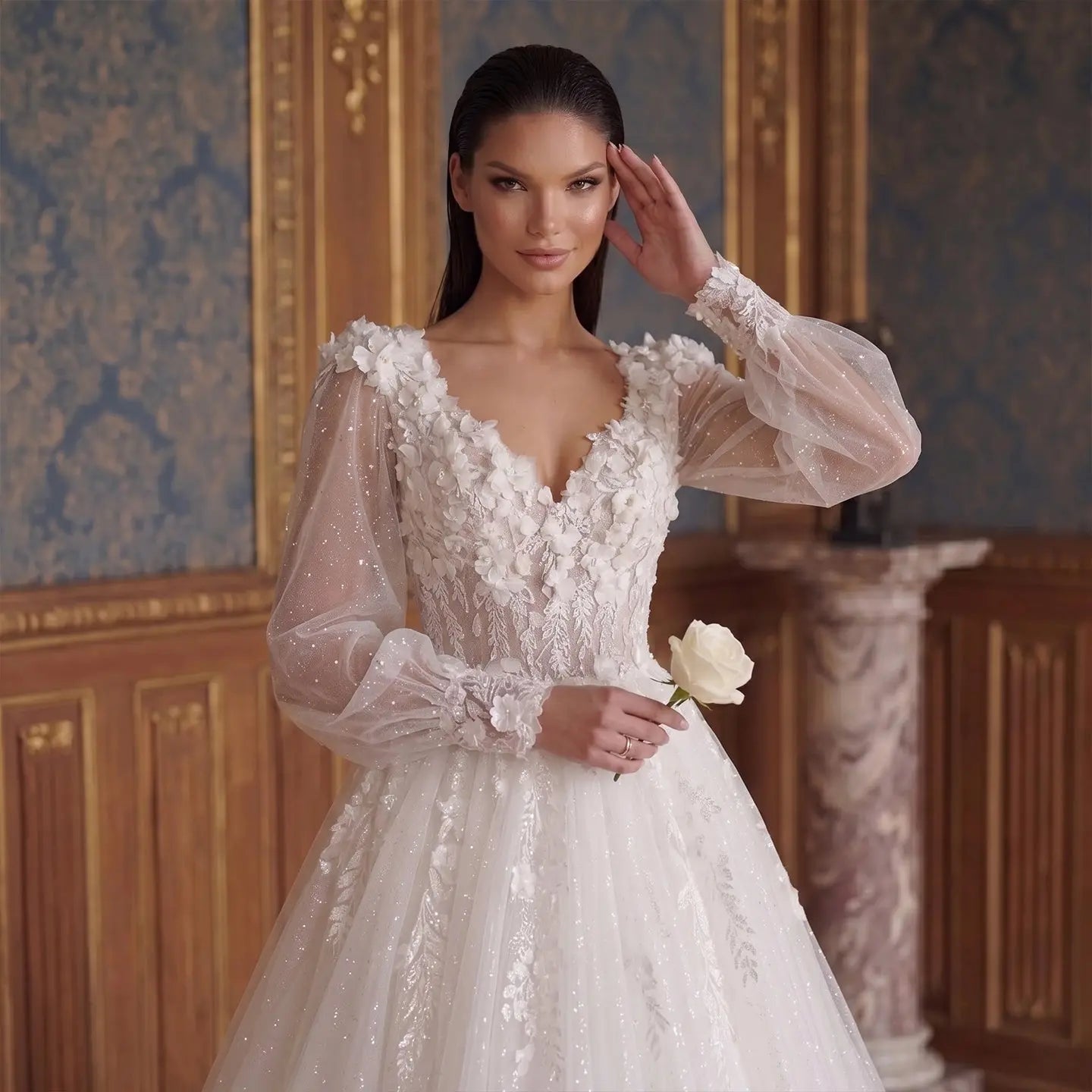 Elegant White V-Neck Long Sleeve Lace-Up Back A-Line Wedding Dress ZP060