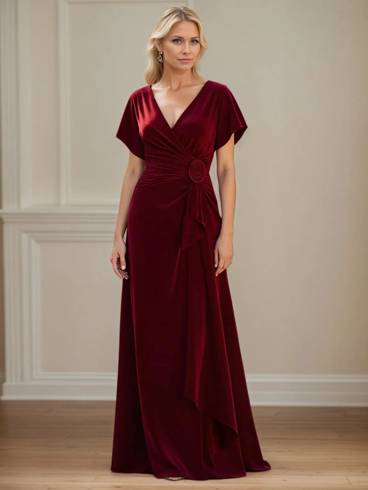 A-Line V-Neck Ruched Floor-Length Mother of the Bride Dress - FashionDia