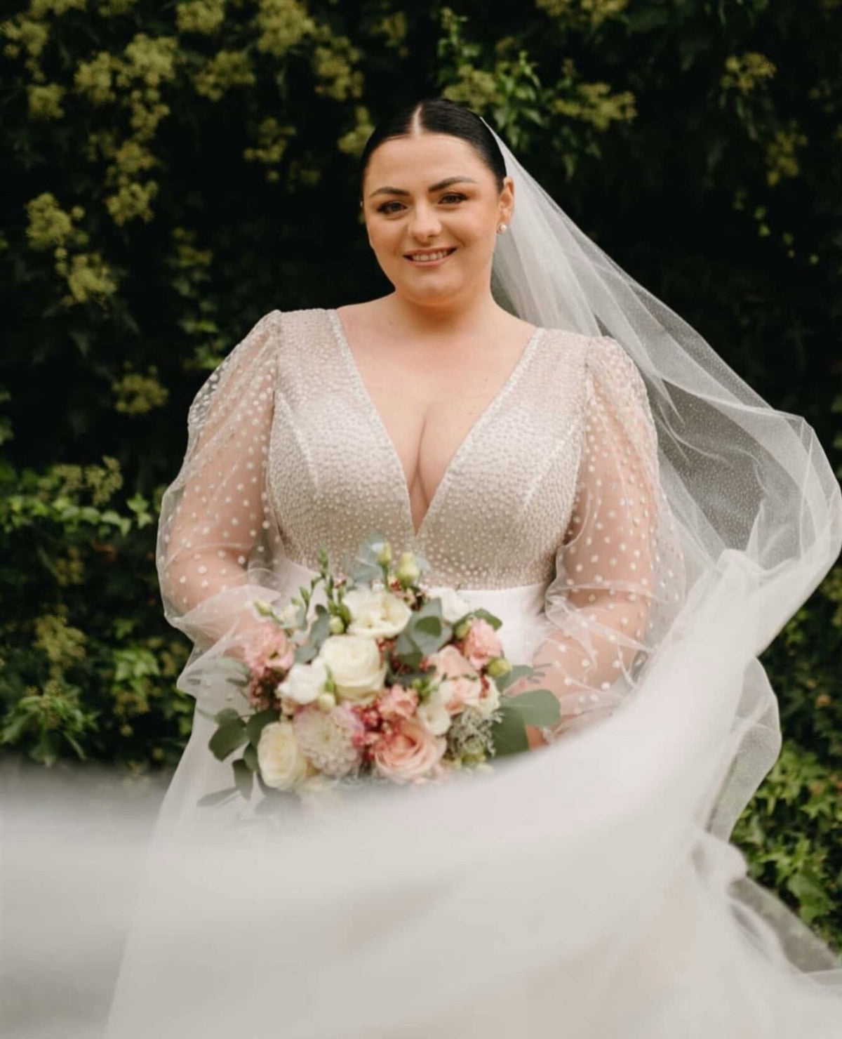 Illusion Neck Plus Size Chic A-Line Lace Sweep Train Long Sleeves Wedding Dresses