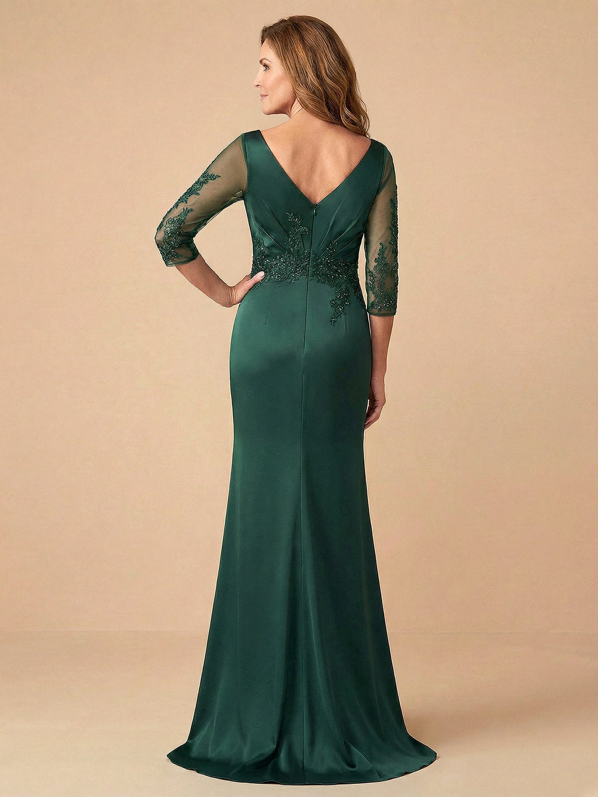 Half Sleeves Lace Applique Mermaid Satin Mother of the Bride Dress - View 2 | FashionDia
