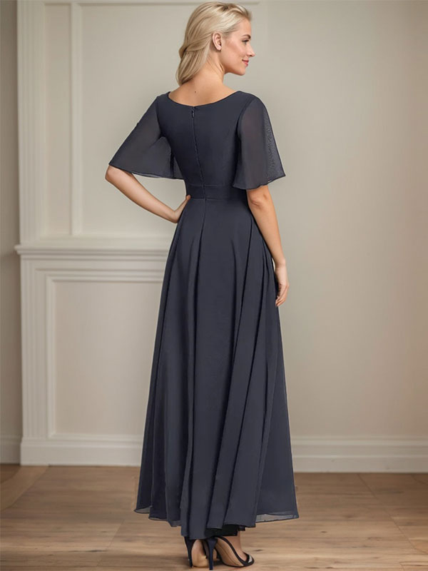 A-line V-Neck Ankle-Length Chiffon Mother of the Bride Dress With Pleated Beading Sequins - View 4 | FashionDia