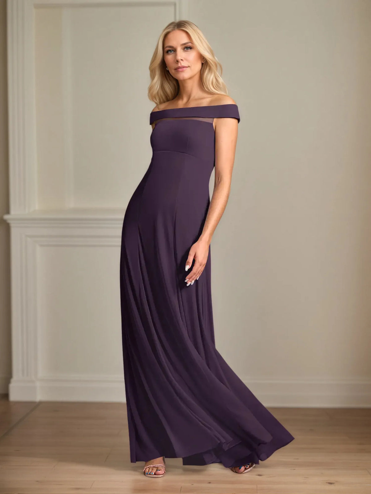 A-Line Off-the-Shoulder Sleeveless Chiffon Mother of the Bride Dress With Pleated - View 4 | FashionDia