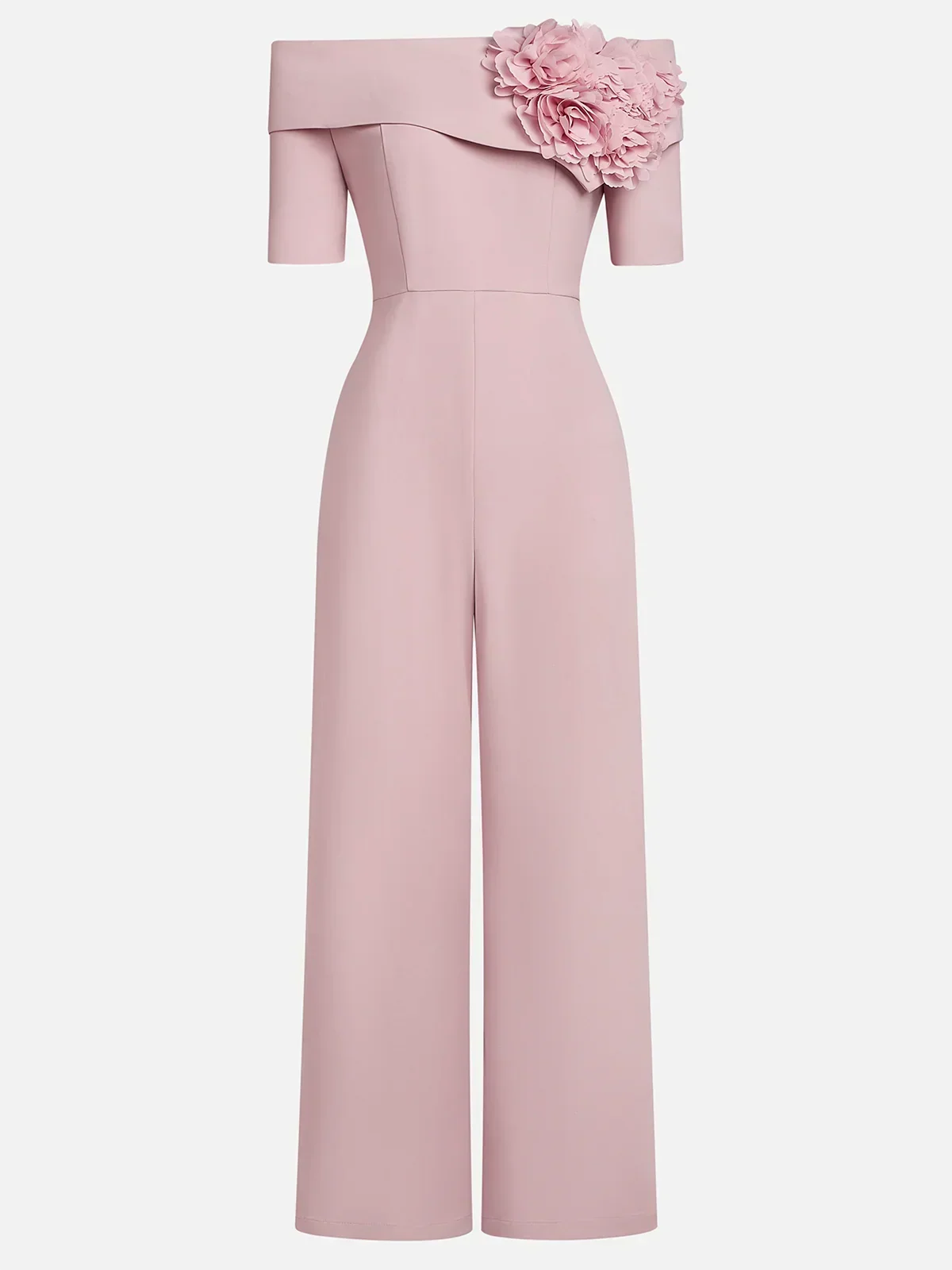Women Pink 3D Floral Off-the-Shoulder Short Sleeve Dressy Jumpsuit - View 4 | FashionDia