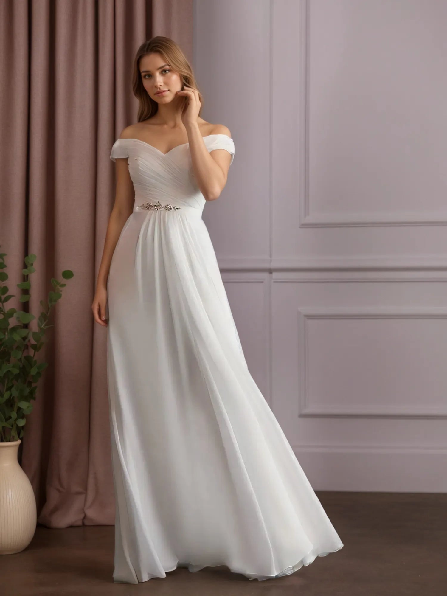 White A-Line Off-the-Shoulder Sequins Chiffon Wedding Dress - View 4 | FashionDia