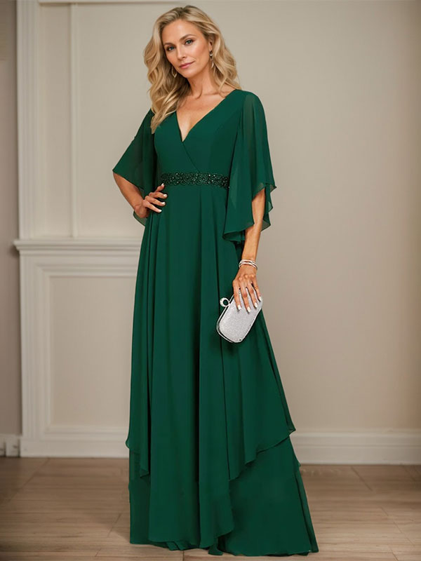 A-line V-Neck Floor-Length Chiffon Mother of the Bride Dress With Sequins Appliques Lace Beading - View 4 | FashionDia